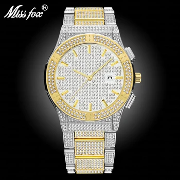 MISSFOX Gümüş Ve Altın İzle Erkek Takvim Tam Elmas Saatler Üst Marka Lüks Analog Su Geçirmez Erkek saat hediye kutusu 1