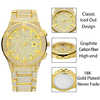 MISSFOX Gümüş Ve Altın İzle Erkek Takvim Tam Elmas Saatler Üst Marka Lüks Analog Su Geçirmez Erkek saat hediye kutusu 3