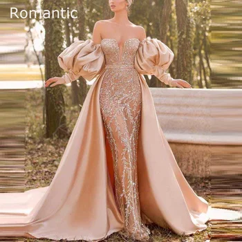 Romantik Glitter Abiye 2022 Lüks Mermaid Çiçek Dantel Boncuk Sevgiliye Uzun balo kıyafetleri düğün elbisesi Puf Kollu 0