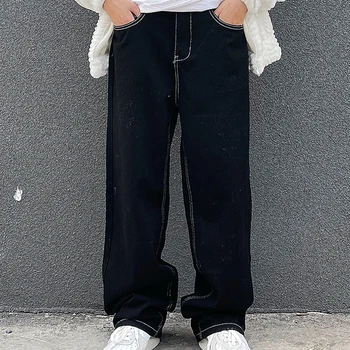 Yüksek Sokak Kot Erkekler Katı Alev Nakış Düz Bacak Kot Pantolon Hip Hop Vintage günlük pantolon Streetwear Bahar Unisex