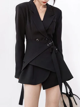 TWOTWINSTYLE Kore Moda Katı Blazers Kadınlar Için Çentikli Yaka Uzun Kollu Asimetrik Ince Blazer Kadın Sonbahar Giyim