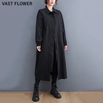 2021 Sonbahar Kış Siyah Büyük Boy Uzun Trençkot kadın kıyafetleri Turn Down Yaka Moda Rahat Gevşek Giyim Hırka
