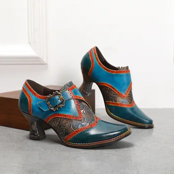 Retro Kadın Ayakkabı Hakiki Deri Kare Topuk Yuvarlak Ayak Toka Kayış Karışık Renkler İngiliz Tarzı Yenilik çiçekli ayakkabı Kadınlar İçin