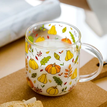 Isıya Dayanıklı Saplı Cam Kupa Kahvaltı süt kupası Sevimli Ofis Ev Kahve Kupaları Limon Mantar Kabak Desen