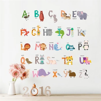 Karikatür hayvanlar 26 ABC alfabe kelimeler duvar çıkartmaları yatak odası kreş ev dekorasyonu pvc duvar çıkartmaları dıy duvar sanatı
