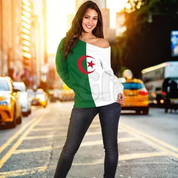 YX kız Cezayir Kapalı Omuz 3D Baskılı Yenilik Kadınlar Casual Uzun Kollu Kazak Kazak