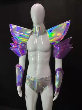 Kulübü Parti Gece Kulübü DJ Gogo Seksi Gümüş Kostüm Sahne Giyim Manşet Kıyafet Kas erkek Uzay Ayna Zırh Bar Dansçı Performans