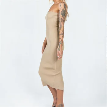 Kadın Straplez Bodycon Nervürlü Örgü Elbise Yaz Düz Renk Kapalı Omuz Buzağı Uzunluğu Elbise için Parti Plaj 0