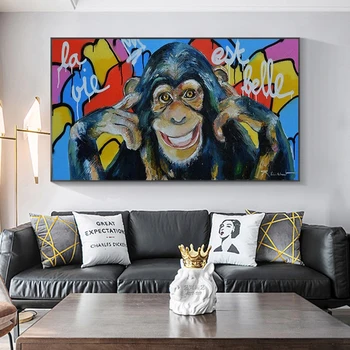 Sokak Graffiti sanat tuval Boyama Komik Gülümseme Maymun Posterler ve Baskılar Soyut Hayvan Duvar sanat resmi Oturma Odası Dekor için