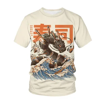 Unisex Japon Gıda Suşi 3d Baskı günlük t-shirt Erkek Kadın Ejderha Hayvan Desen Kısa kollu Üst Tee Japon Giyim