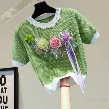 Payetli Çiçek Püskül İşlemeli örme tişört Kadınlar için 2022 Yaz Kore Tarzı Boncuk Rhinestones Yüksek Bel Kısa Üst T
