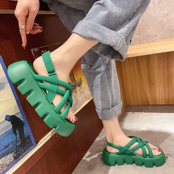 Yeşil Retro Yaz platform sandaletler Kore Peep Toe İçi Boş Rahat Roma Ayakkabı 2023 Moda Açık Kaymaz Rahat plaj ayakkabısı 1