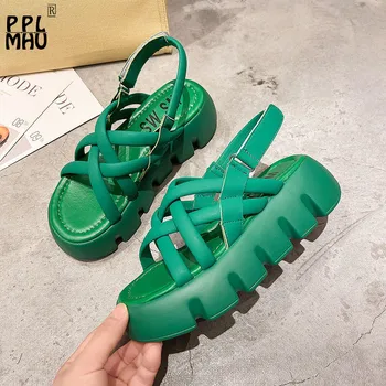 Yeşil Retro Yaz platform sandaletler Kore Peep Toe İçi Boş Rahat Roma Ayakkabı 2023 Moda Açık Kaymaz Rahat plaj ayakkabısı 3