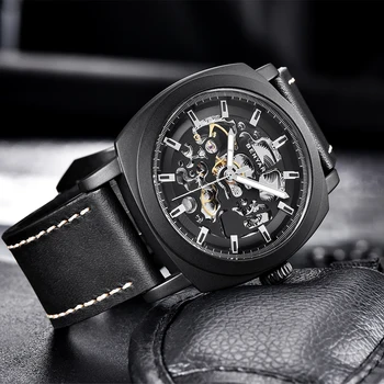 BENYAR 2021 Yeni montre homme mekanik saatler Deri Moda Otomatik İzle Erkekler 30M Su Geçirmez 45mm Oymak İzle erkekler için 3