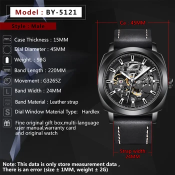 BENYAR 2021 Yeni montre homme mekanik saatler Deri Moda Otomatik İzle Erkekler 30M Su Geçirmez 45mm Oymak İzle erkekler için 5