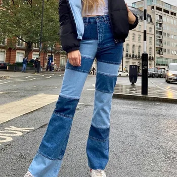 Mavi Patchwork 2021 Moda Yüksek Bel Bell Alt Kot Kadın Vintage Denim Parlama Pantolon Kadın Bahar Streetwear İki Sesi Kot
