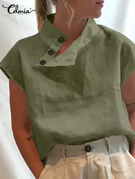 Üstleri 2022 Yaz Kısa Kollu Kadın Bluz Moda Bayanlar Butonuna Katı Gömlek Rahat Gevşek Blusas Şık Pamuk Celmia Chemise