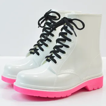 Martin yağmur çizmeleri Moda Bayanlar Düz topuk Düz Renk yağmur çizmeleri su ayakkabısı Dantel-up Sıcaklık Orta Buzağı yağmur çizmeleri Platformu Shoesf