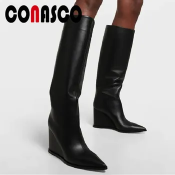 CONASCO 2022 Kadın Diz Yüksek Çizmeler Sivri Burun Takozlar Topuklu Hakiki deri ayakkabı Kadın Sonbahar Kış Moda Özlü uzun çizmeler 5