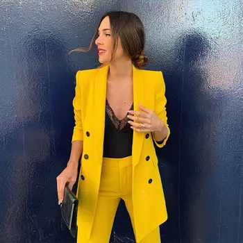 Özel Yapılmış Sarı Kadınlar Zarif Blazers Seti Uzun Kollu Ofis Bayan İki Parçalı Takım Elbise İş Kıyafetleri Eşleşen Seti (Ceket + Pantolon)