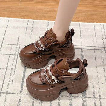 İlkbahar Sonbahar Kadın Tıknaz Ayakkabı 8CM Gizli Topuklu Deri rahat ayakkabılar Kadın Kristal Yüksek Platform Bayanlar Spor Baba Ayakkabı