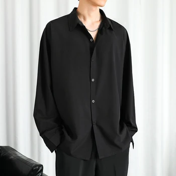 TFETTERS Kore Moda Erkek Gömlek Yaz Ince Buz Ipek Uzun Kollu Gömlek Erkekler Genç Yakışıklı Gevşek Düz Renk Örtü Gömlek 4xl