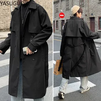 YASUGUOJI Moda Gevşek Kruvaze Trençkot Erkek Ceket Rahat Palto erkek Rüzgarlıklar Katı Renk Uzun Kemer Açmalar