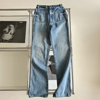 2023 Kuzey Amerika Yeni Vintage Kot Kadınlar Yüksek Bel Düz Kot Pantolon 4 Cepler Moda Casual Streetwear Geniş Bacak Pantolon